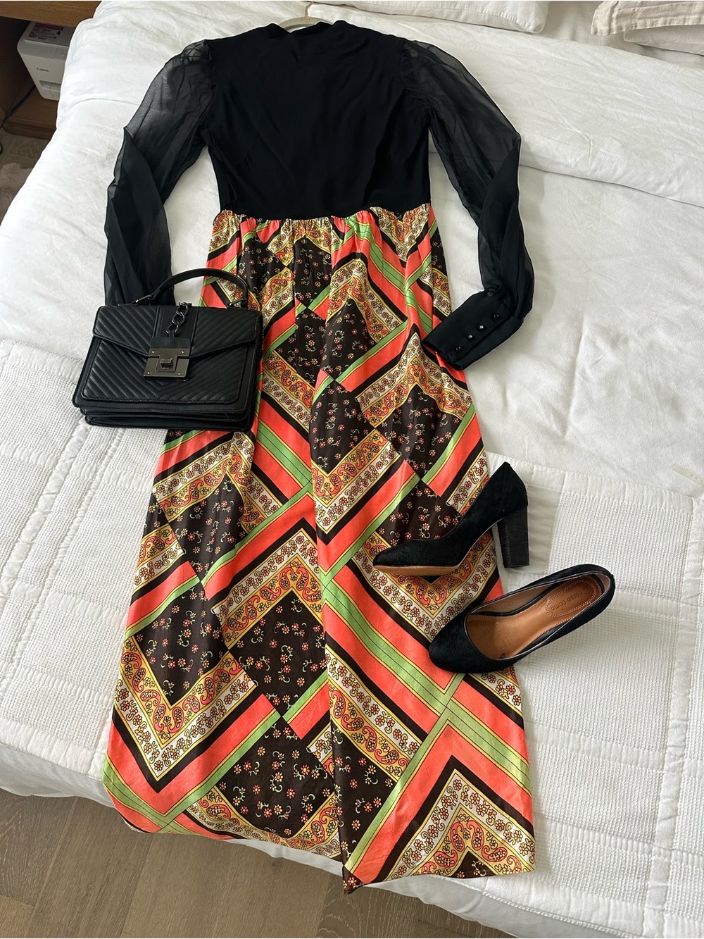Black Bodice Maxi Dress with Multicolor Scarf-Print Skirt
